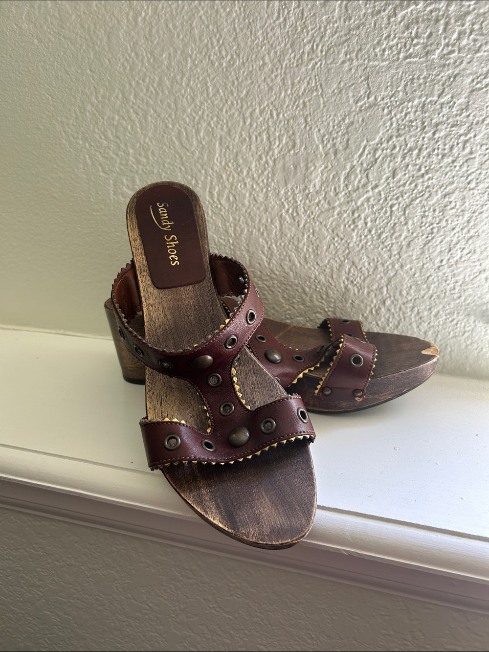 Women’s Brown Studded Leather Slide Wedge Heels